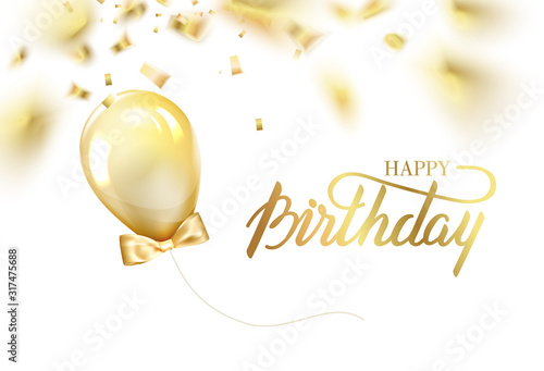 Photography Happy birthday card template with golden foil confetti and glitter gold balloons