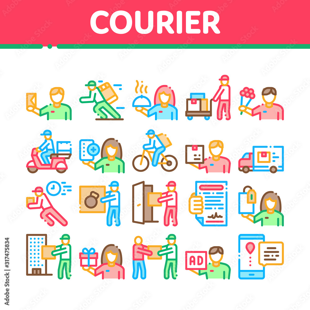 Courier Delivery Job Collection Icons Set Vector Thin Line. Courier On Scooter And Bicycle, Truck And Agreement, Weight Box And Flowers Concept Linear Pictograms. Color Contour Illustrations Courier Delivery Job Collection Icons Set Vector Thin Line. Courier On Scooter And Bicycle, Truck And Agreement, Weight Box And Flowers Concept Linear Pictograms. Color Contour Illustrations