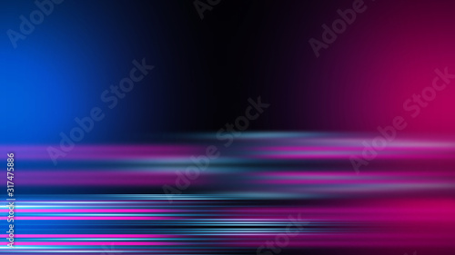 Abstract dark background with blue and pink neon glow. Neon luminous figure in the center of the stage.