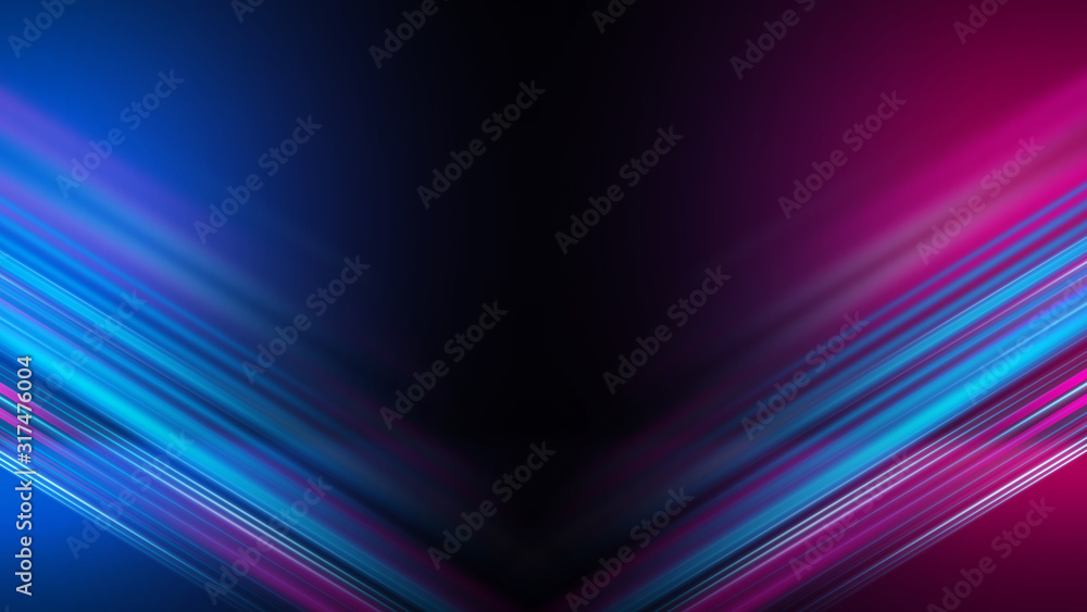Abstract dark background with blue and pink neon glow. Neon luminous figure in the center of the stage.