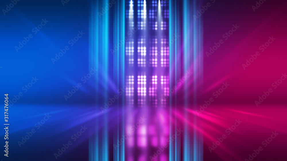 Abstract dark background with blue and pink neon glow. Neon luminous figure in the center of the stage. Abstract dark background with blue and pink neon glow. Neon luminous figure in the center of the stage.