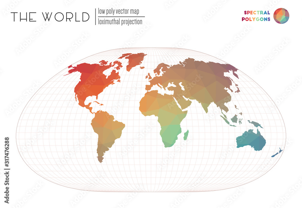 Abstract world map. Loximuthal projection of the world. Spectral colored polygons. Amazing vector illustration. Abstract world map. Loximuthal projection of the world. Spectral colored polygons. Amazing vector illustration.