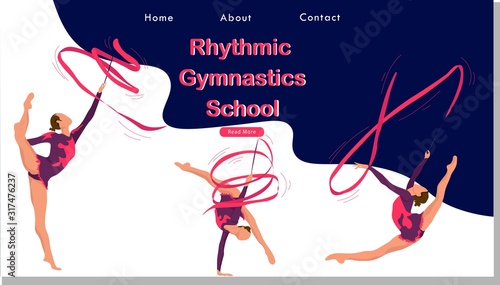 Women rhythmic gymnastics with ribbon Sport Life. Flat Vector Illustration, Design for Banner, Poster, Header, Advertising. Young Female Healthy Lifestyle Concept. rhythmic gymnastics landing page.