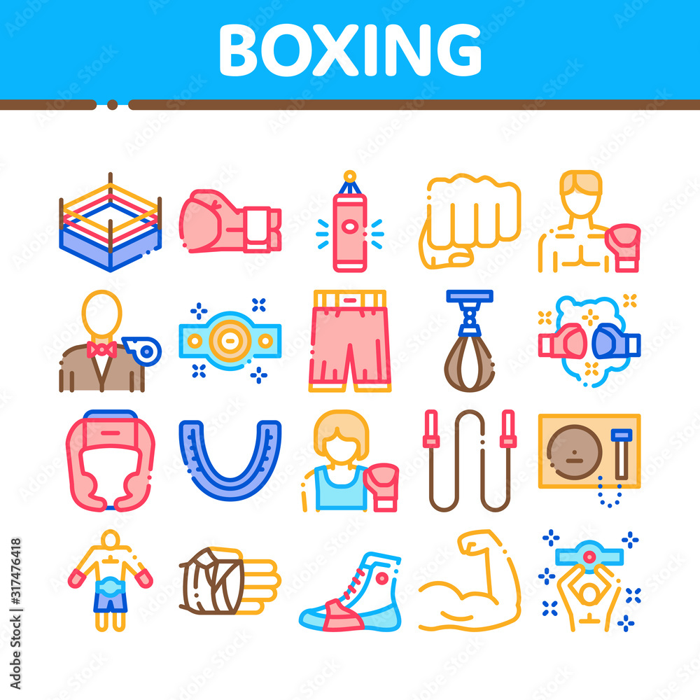 Boxing Sport Tool Collection Icons Set Vector Thin Line. Boxing Glove And Shirts, Protection Helmet And Mouth Piece, Ring And Box Award Concept Linear Pictograms. Color Contour Illustrations Boxing Sport Tool Collection Icons Set Vector Thin Line. Boxing Glove And Shirts, Protection Helmet And Mouth Piece, Ring And Box Award Concept Linear Pictograms. Color Contour Illustrations