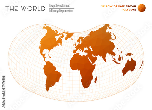 Low poly design of the world. Hillshade euclidean projection of the world. Yellow, orange, and brown colored polygons. Awesome vector illustration.