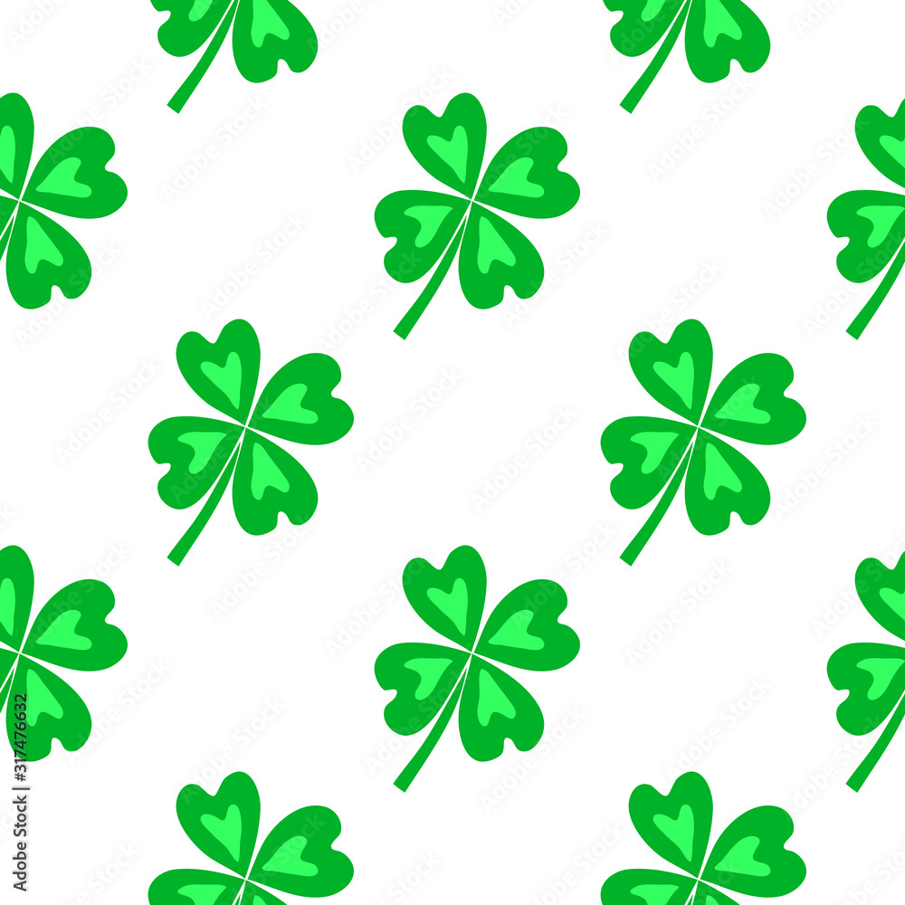White seamless pattern with doodle green lucky four leaf clovers.
