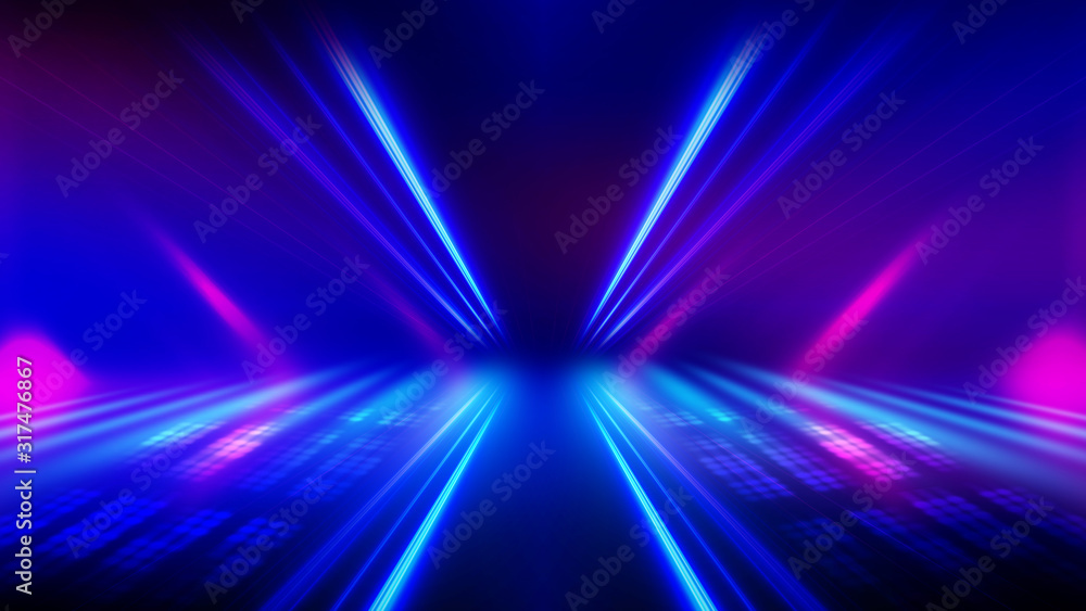 Abstract dark background with blue and pink neon glow. Neon luminous figure in the center of the stage. - obrazy, fototapety, plakaty 