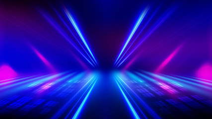 Abstract dark background with blue and pink neon glow. Neon luminous figure in the center of the stage.