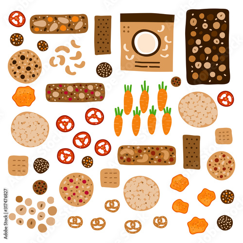 Set of doodle colored healthy snacks including granola bars, whole grain cookies, vegetable chips, crispbread and other foods isolated on white background.