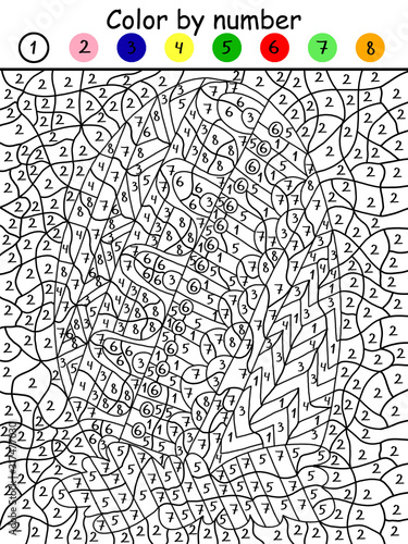 Big Easter egg color by number puzzzle. Math logical spring holidays game for kids. Educational and funny printable illustration for school and preschool children. Abstract black and white picture. 