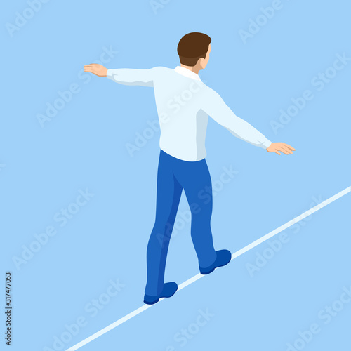 Isometric businessman tightrope walker is on the rope. Risk challenge in business, business risk, conquering adversity problems solution
