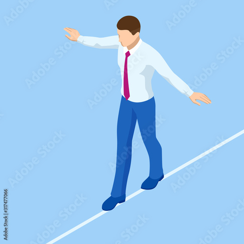 Isometric businessman tightrope walker is on the rope. Risk challenge in business, business risk, conquering adversity problems solution
