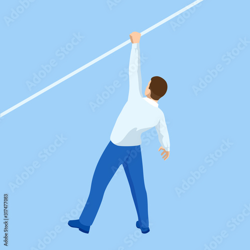 Isometric businessman tightrope walker is on the rope. Risk challenge in business, business risk, conquering adversity problems solution