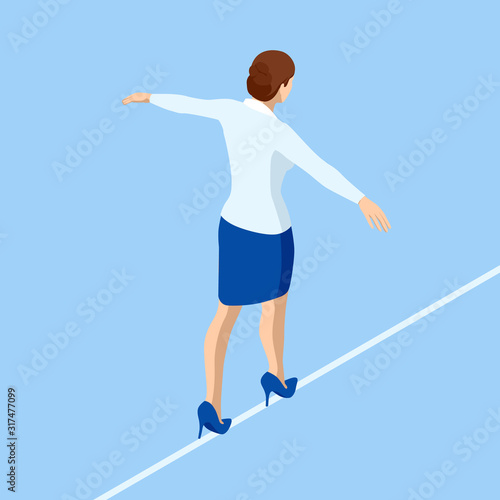 Isometric business woman tightrope walker is on the rope. Risk challenge in business, business risk, conquering adversity problems solution
