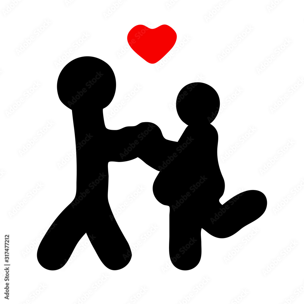 Black vector silhouette of people in love. Man and woman hold hands. Hand-drawn stylized characters with a red heart. Loving girl, guy isolated on white background. Valentine's Day, weddings, bathroom Black vector silhouette of people in love. Man and woman hold hands. Hand-drawn stylized characters with a red heart. Loving girl, guy isolated on white background. Valentine's Day, weddings, bathroom