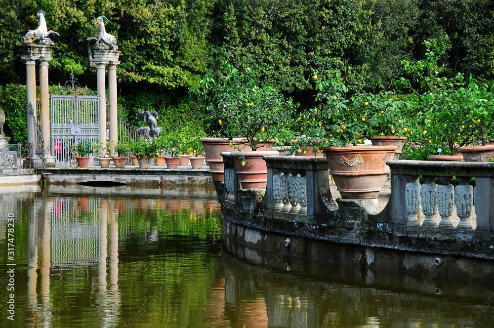 Fototapeta premium Pond in the Boboli Garden (Palazzo Pitti), during a sunny day in spring season. Florence, Italy. 