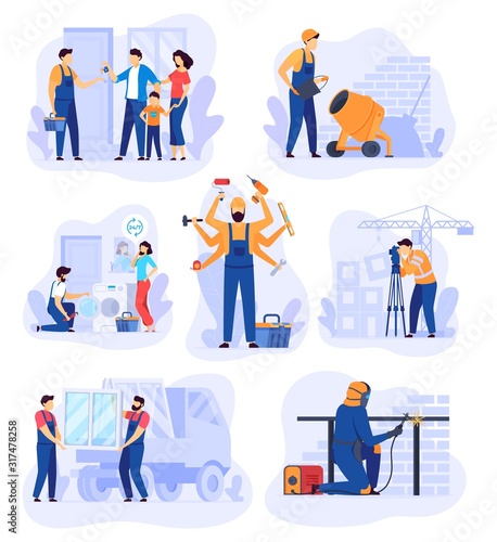 Home renovation work, repair man service vector illustration. Handyman cartoon character, set of building renovation scenes. Professional house repair service, workers in overalls, team of builders photo