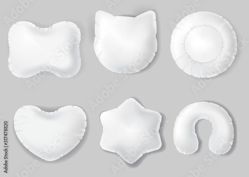 Pillows different shapes set isolated on white background. Blank round, heart, star, cat head form orthopedic cushions for bedroom and travel mockup template Realistic 3d vector illustration, clip art