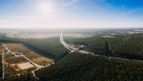 drone photo of the forest of Gruenheide, Berlin Brandenburg, Tesla giga factory photo