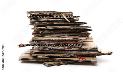 Cardboard pieces pile for recycling isolated on white background