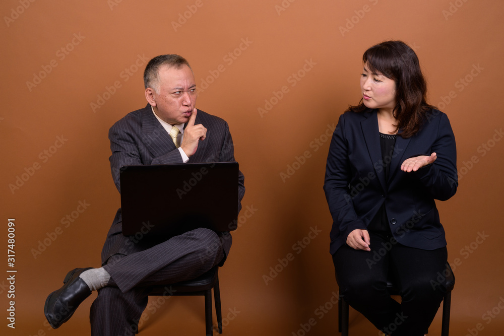 Fototapeta premium Mature Asian businesswoman with mature Asian businessman using laptop