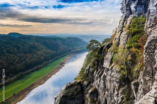 View from the viewpoint from the Bastei bridge on the river Elba. Saxon Switzerland National Park in autumn