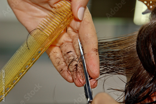 Closeup of a hairdresser cuts the wet brown hair of a client in a salon. Hairdresser cuts a woman. Side view of a hand cutting hair with scissors.