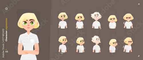 Cartoon Woman Character Expressions. Face Emotional and Body Gesture
