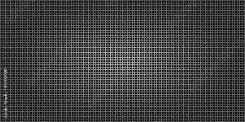 Black metallic abstract background, perforated steel network mesh. Dark mockup for cool banners, vector illustration.