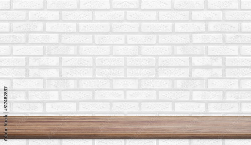 Empty wood plank shelf at white brick wall pattern background. Design for product display, mockup, advertise, banner, or montage