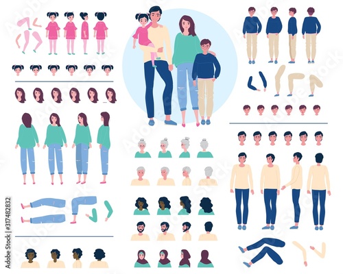Family cartoon character constructor, creation kit vector illustration