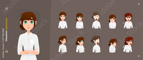 Cartoon Woman Character Expressions. Face Emotional and Body Gesture