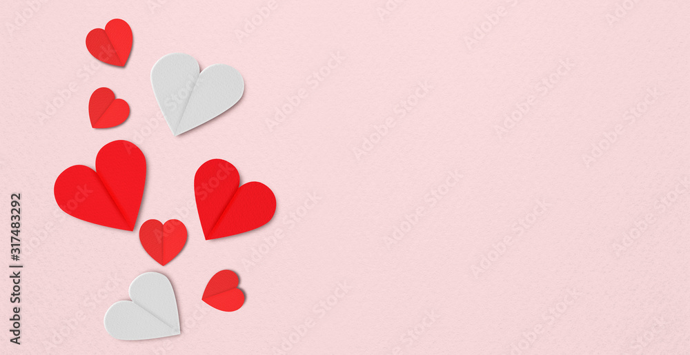 Flat lay hearts on pink paper background. valentines day concepts.