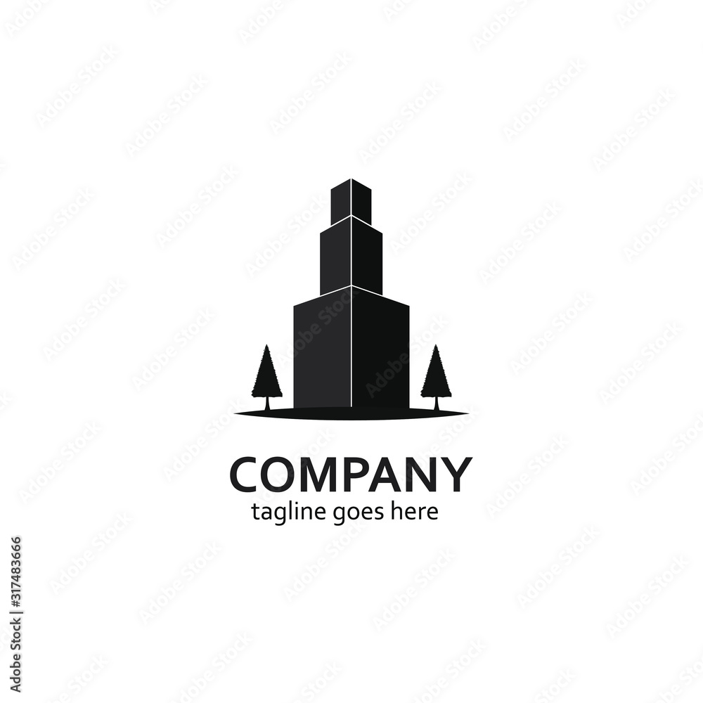 building logo design in black, with the addition of green trees. modern template. logo design, company icon. vector