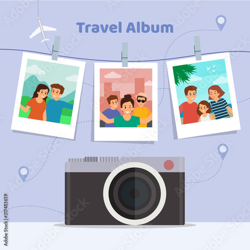 Happy Vacations Concept. Travel Album of a Happy Family From the Vacations on the Abstract Background With Retro Camera and Landmarks. Flat Style. Vector illustration