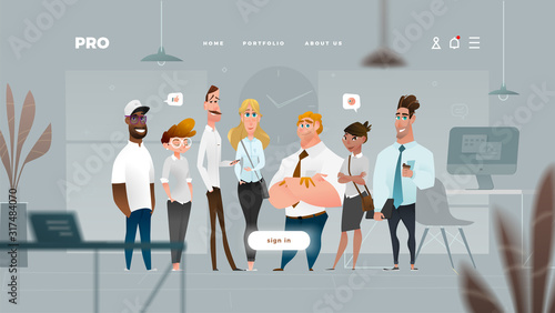 Main Page Web Design with Business Cartoon Characters in Flat Style for Your Projects. 