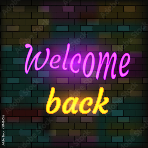 Vip Neon Icon. Cute Vip Neon Welcome Back Inscription On The Dark Brick Wall Background. Flat Style. Vector Illustration