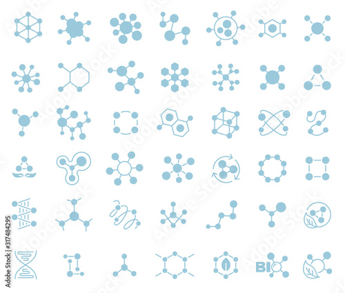 Science molecules silhouette icon set. Molecule pharmacy. The chemical biotechnology structure. Laboratory research. Blue colour.