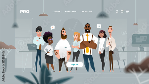 Main Page Web Design with Business Cartoon Characters in Flat Style for Your Projects. 
