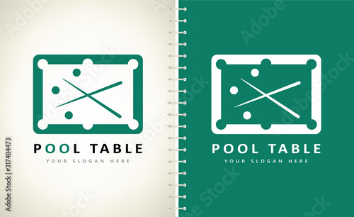 billiard table, cue and billiard balls logo vector