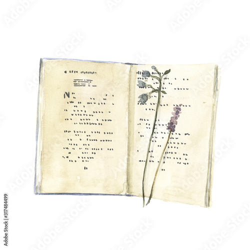 old book handpainted watercolor isolated on white background