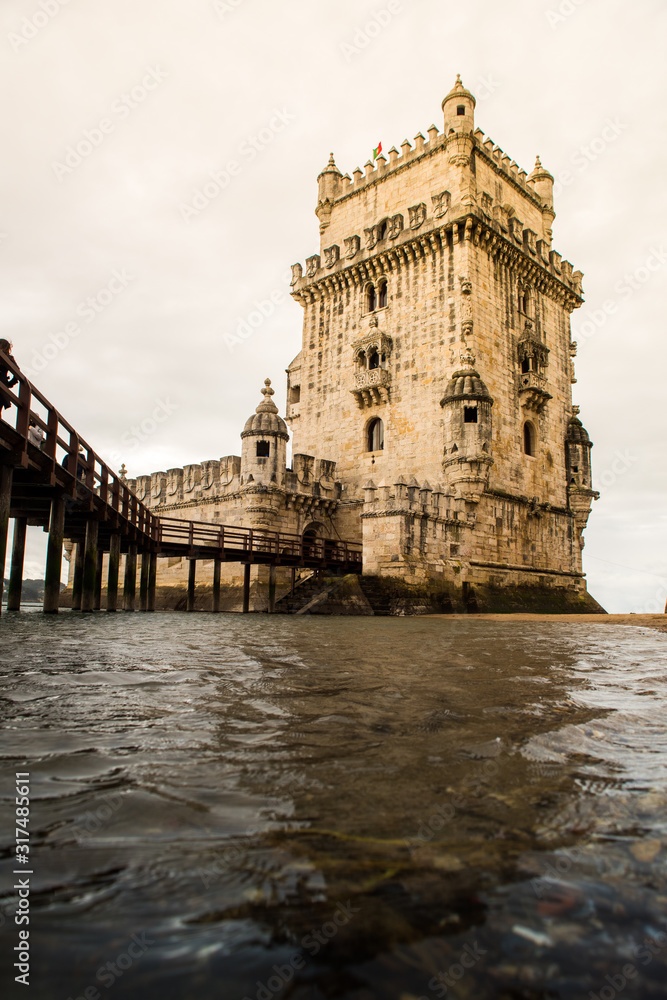 Lisbon, Belem Tower - Tagus River, Portugal one of the most famous attractions of Portugal, iconic monument built as a defense tower.