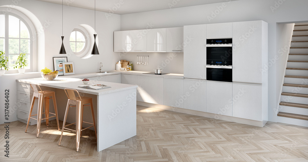 Cocina moderna blanca estilo minimalista con ventanales redondos y luz cálida - obrazy, fototapety, plakaty 
