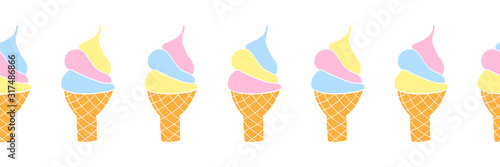 Ice cream cone seamless vector border. Waffle cones with soft ice cream. Use for cards, kids decor, banners, footer, divider, header, store advertisement 