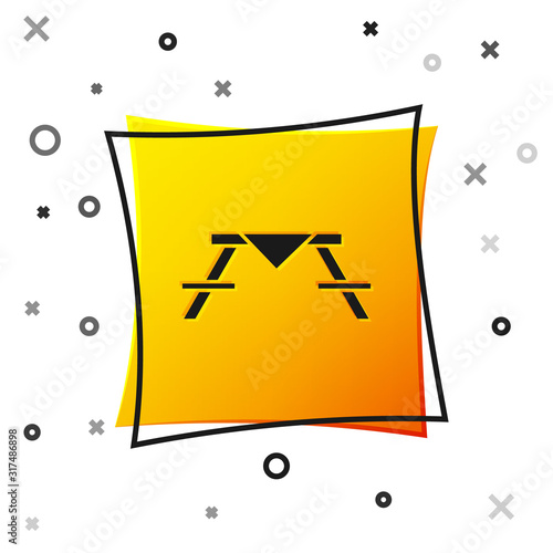 Black Picnic table with benches on either side of the table icon isolated on white background. Yellow square button. Vector Illustration