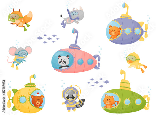 Cartoon Animals Swimming Under Water on Submarine and Wearing Diving Suit Vector Illustrations Set