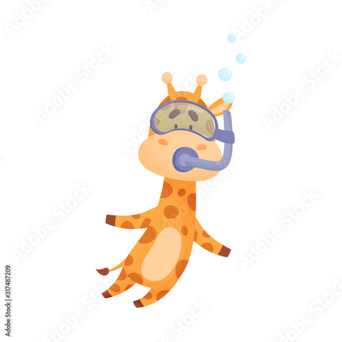 Spotted Giraffe Wearing Diving Suit Snorkeling Underwater Vector Illustration