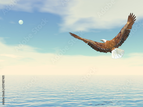 Bald eagle flying to the moon - 3D render