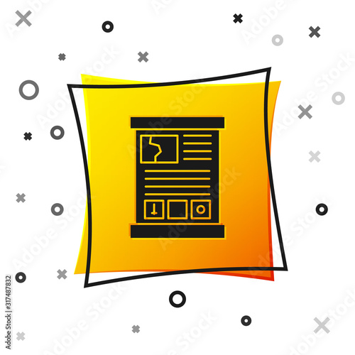 Black Game guide icon isolated on white background. User manual, instruction, guidebook, handbook. Yellow square button. Vector Illustration