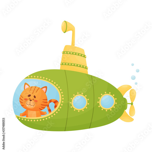Cute Cat Looking Out of Submarine Window Vector Illustration